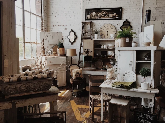 Antique Clock, Table, Chair, Stair, and Painting